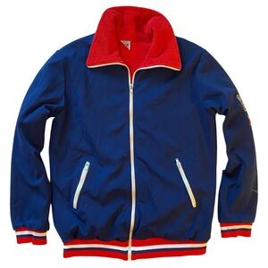 Terinit Knit Terry Cloth Ski Jacket VTG 70s Medium Blue Red Full Zip Finland